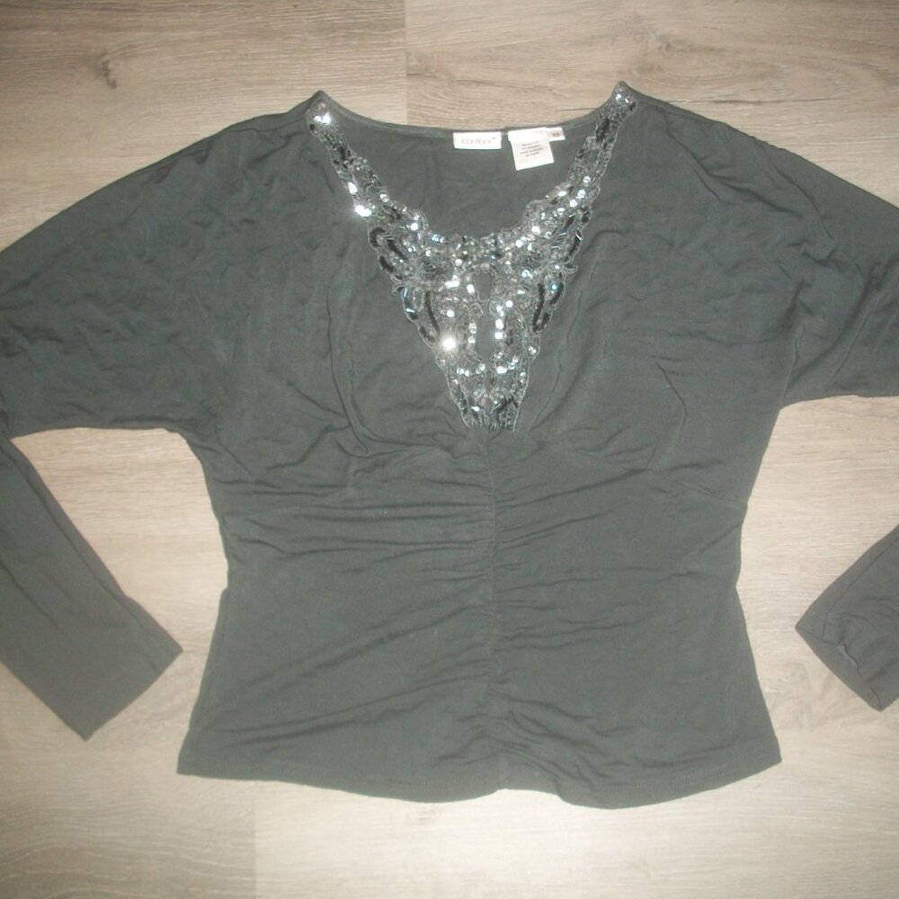 womens beaded top.gray pleat blouse.silver beaded bling. size small